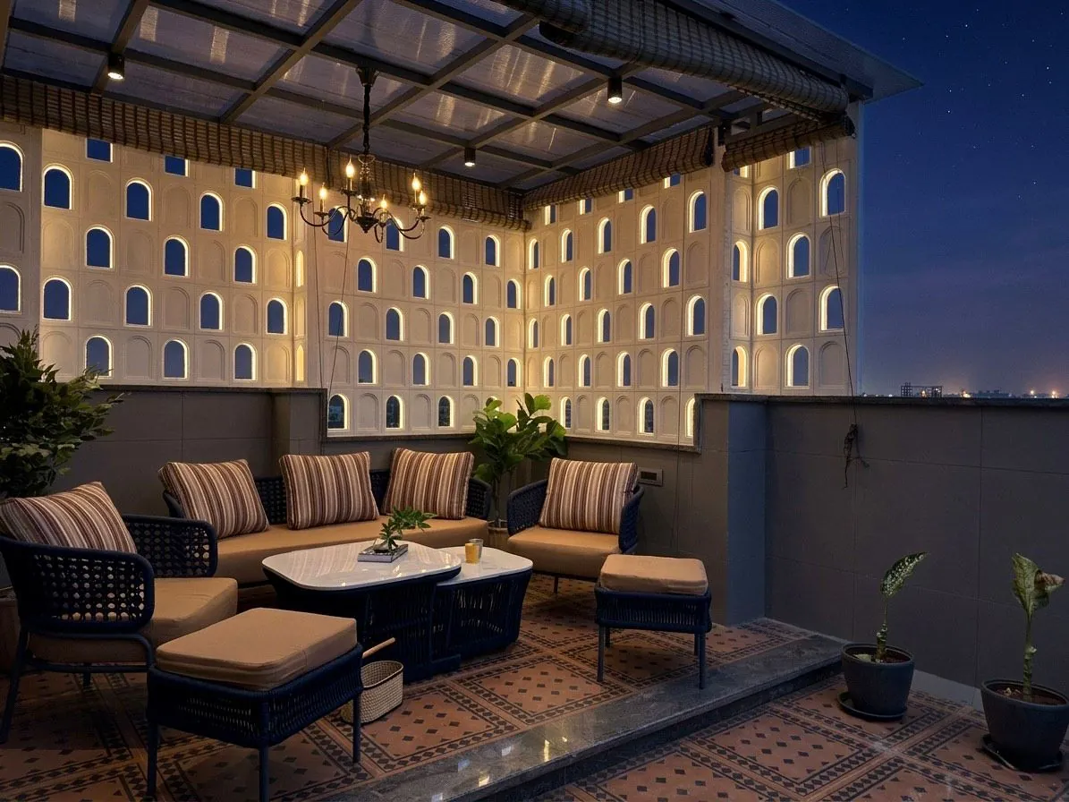 Terrace screen — Breeze blocks · rooftop lounge
